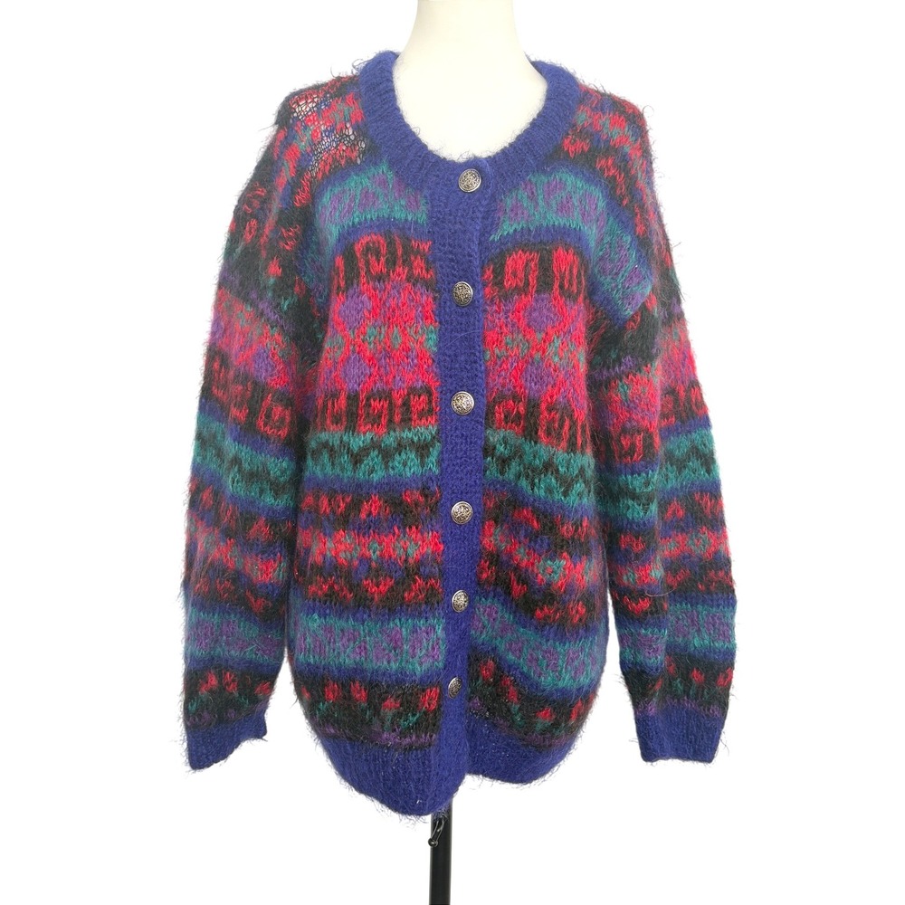 MOHAIR Icelandic Design Fair Isle Cardigan Sweater Fuzzy Wool Holiday Festive L